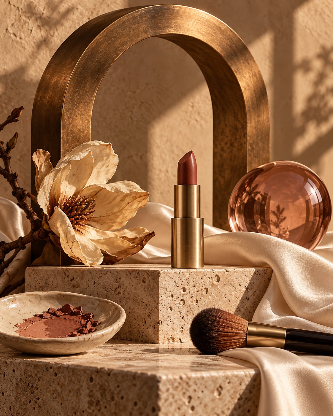 Sculptural makeup brushes, rose-toned cosmetics and pearls arranged on warm stone