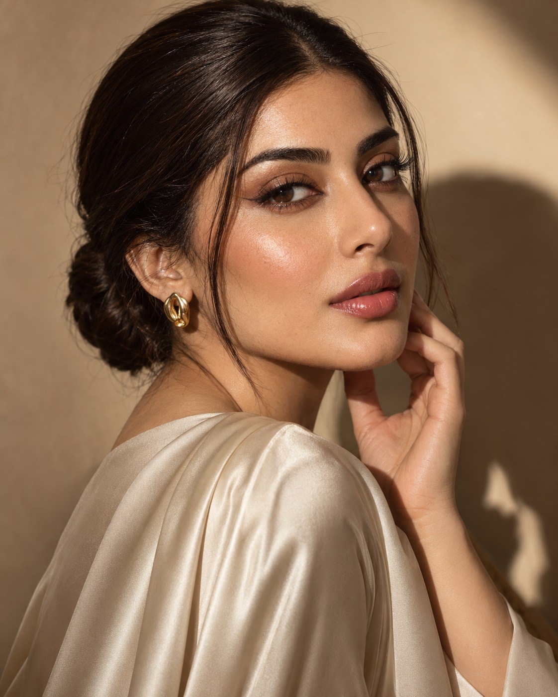 Pakistani beauty portrait with luminous soft glam makeup and graceful gold jewellery