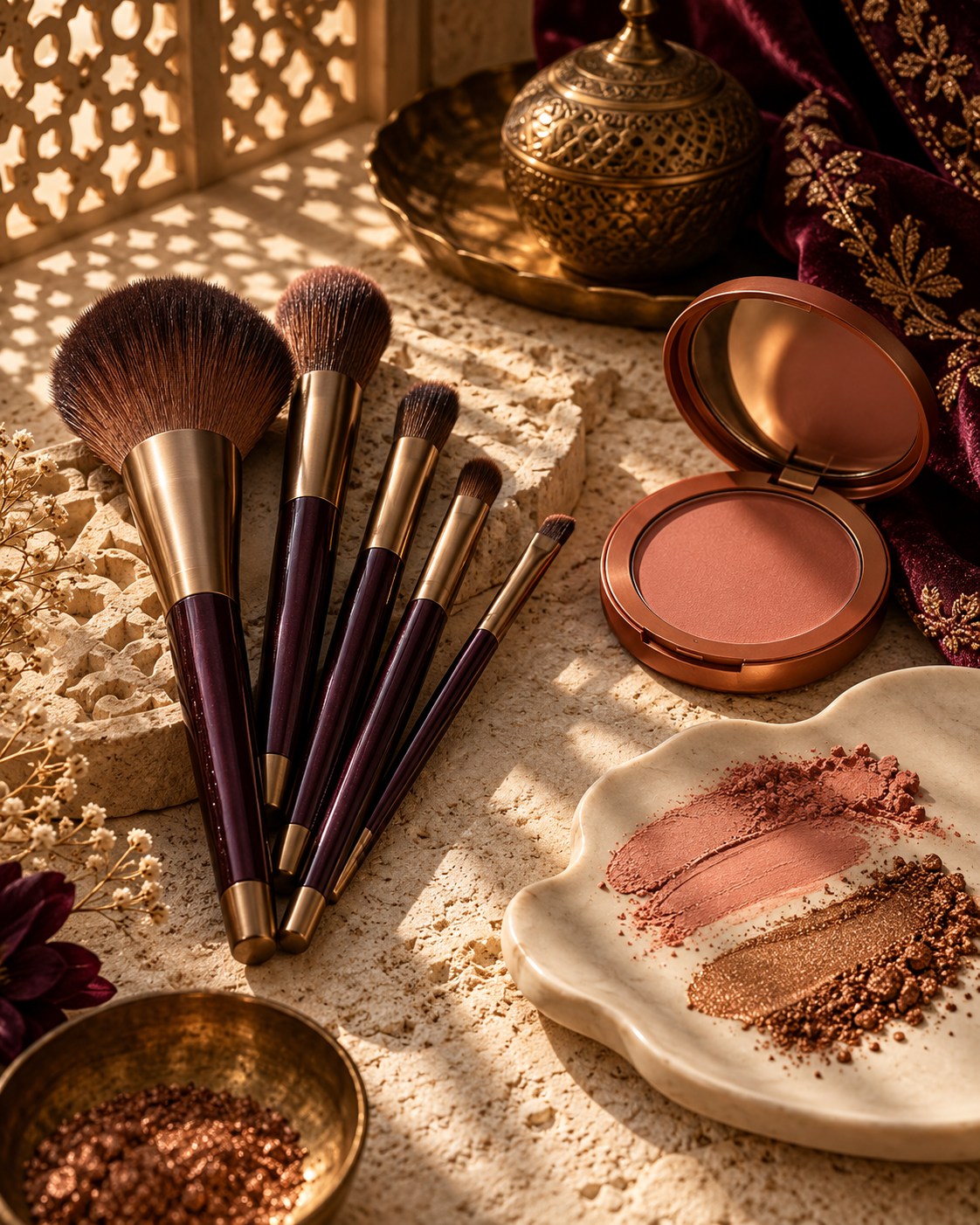 Sculptural makeup brushes, a terracotta blush compact and a ceramic palette