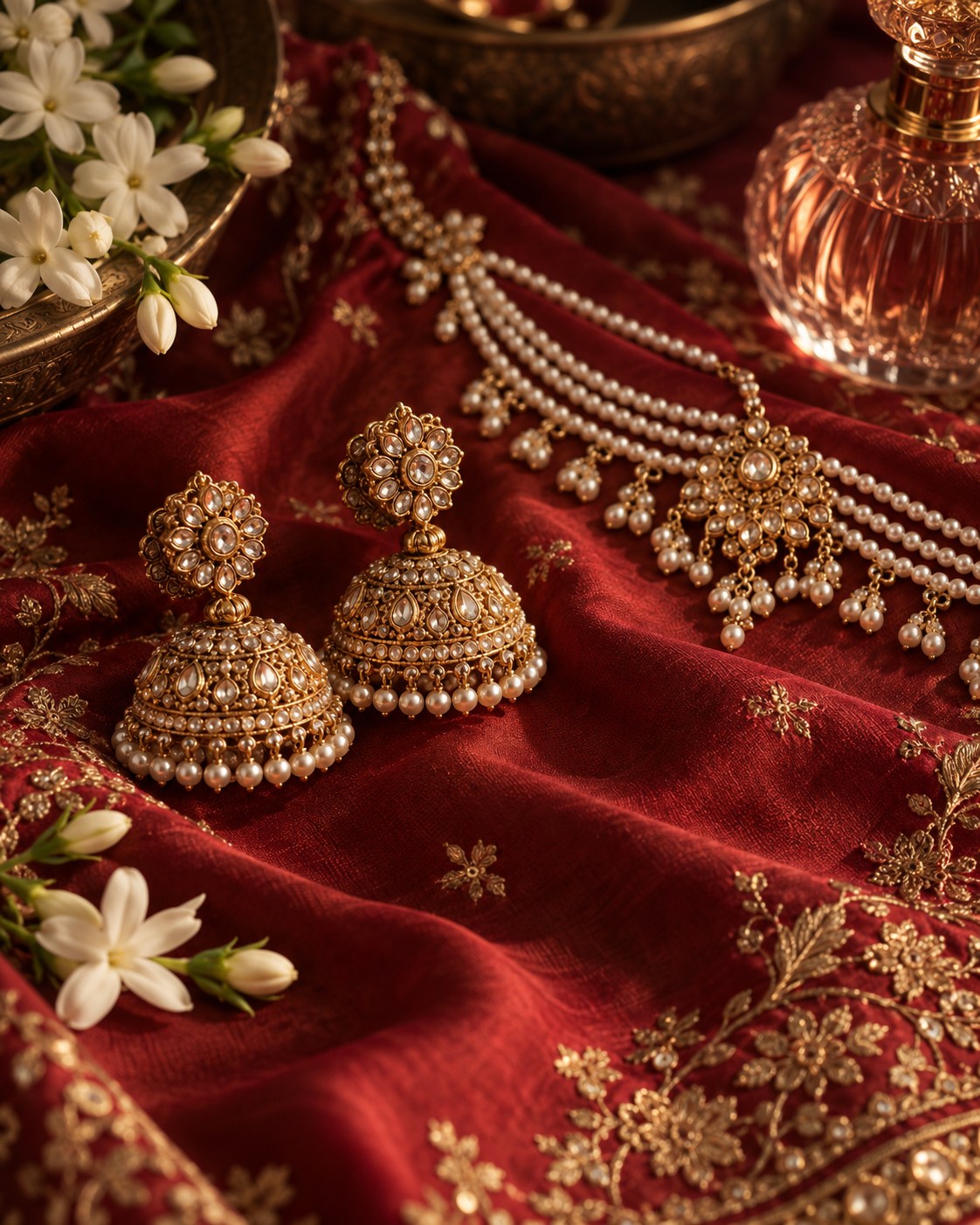Traditional bridal gold jewellery and jasmine on rich red embroidered silk