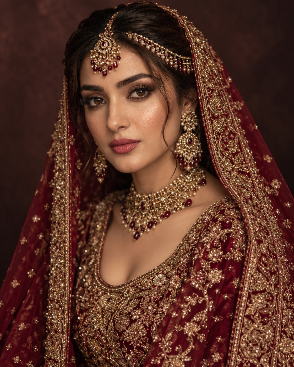 Pakistani bridal makeup with a richly embroidered dupatta and traditional gold jewellery