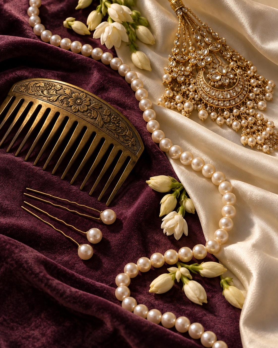 Pearl hair pins, a brass comb and jasmine resting on ivory silk