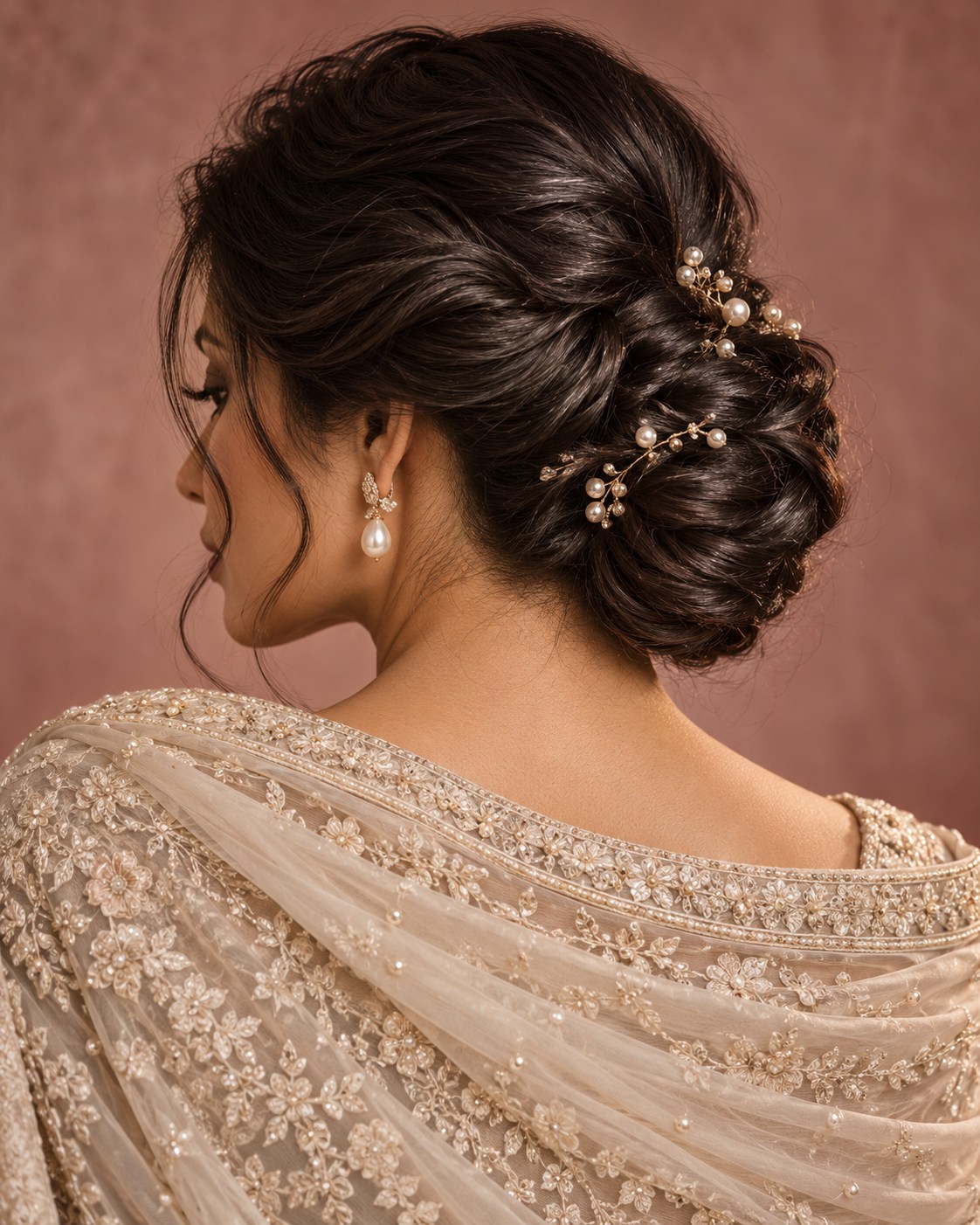 Sculptural Pakistani bridal chignon with polished black waves and delicate pearl pins