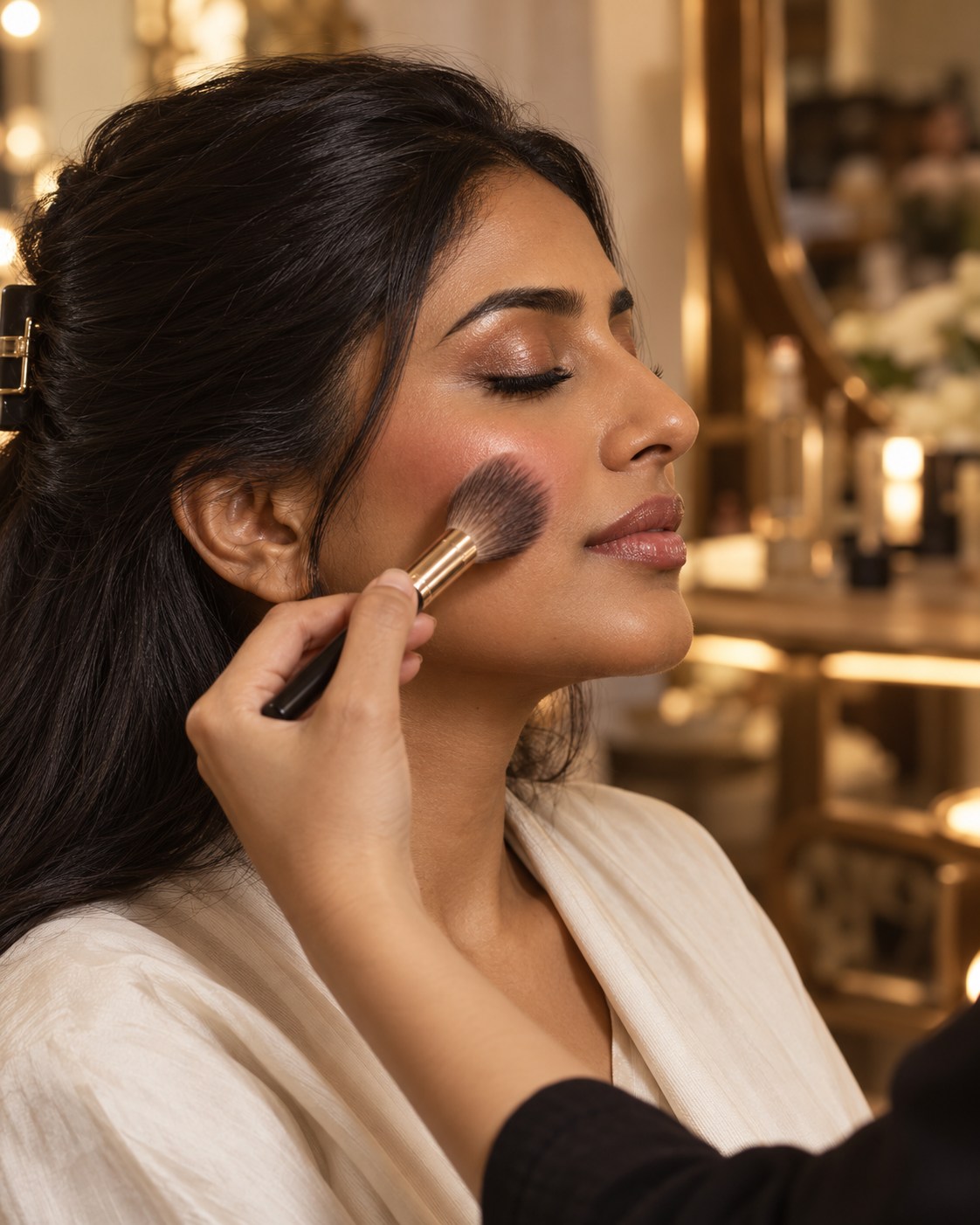 A makeup brush sweeping soft rose blush onto the cheek of a Pakistani model