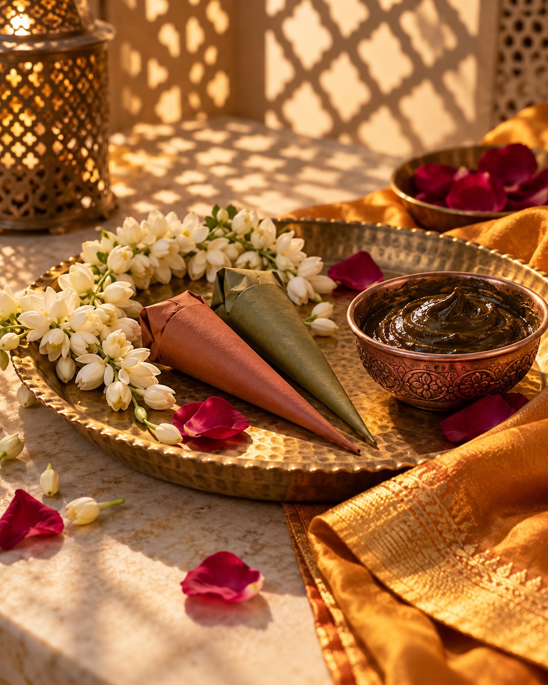 Traditional henna cones, jasmine flowers and a hammered brass tray
