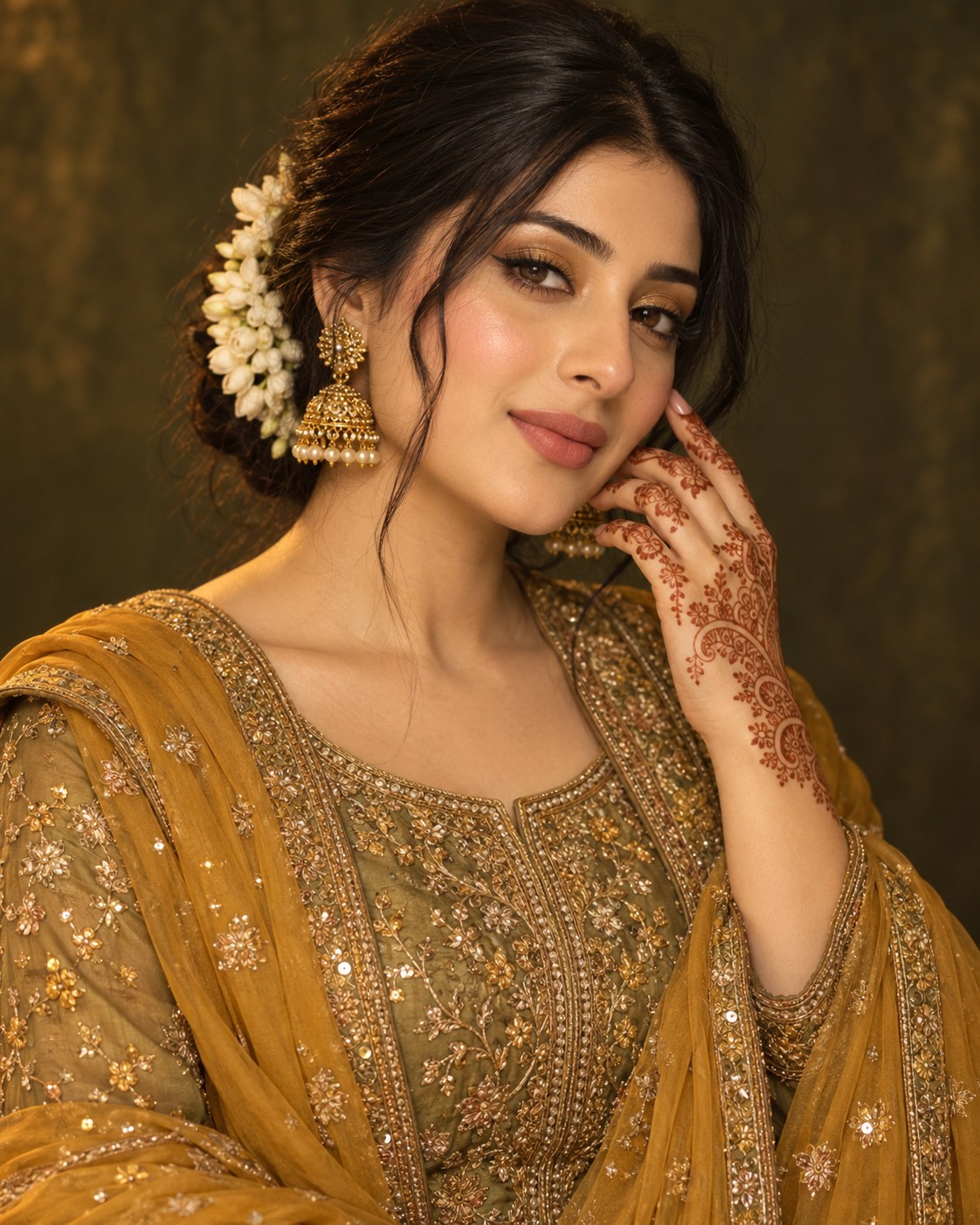 Festive Pakistani mehndi makeup with warm colour, jasmine flowers and traditional dress