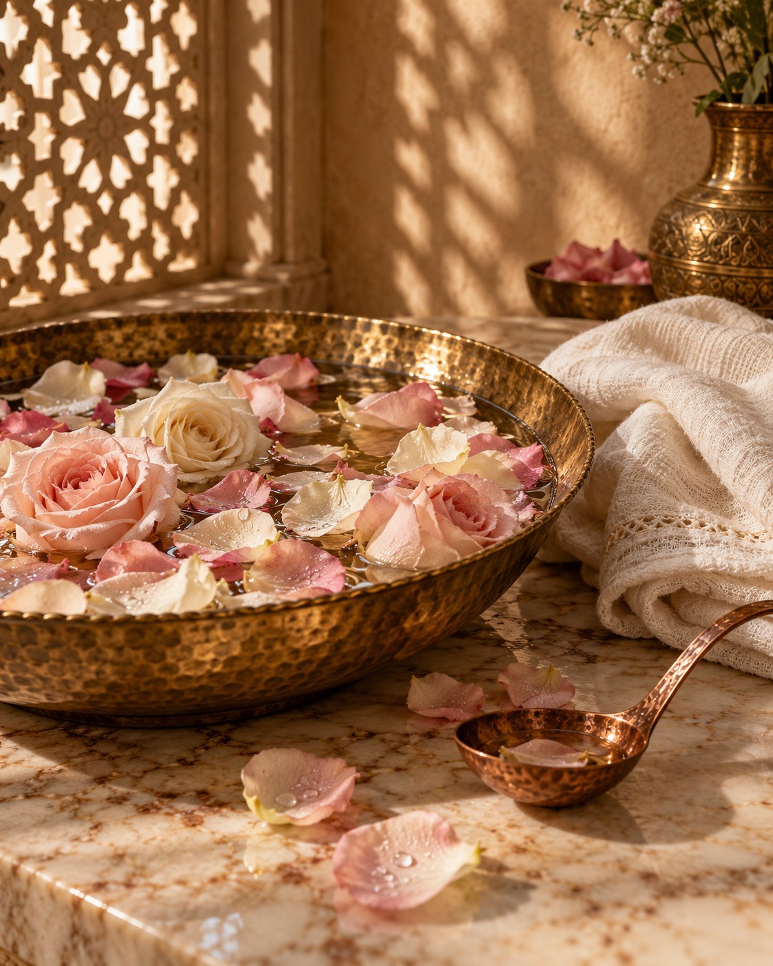 Rose petals and an ivory towel beside a traditional hammered brass bowl
