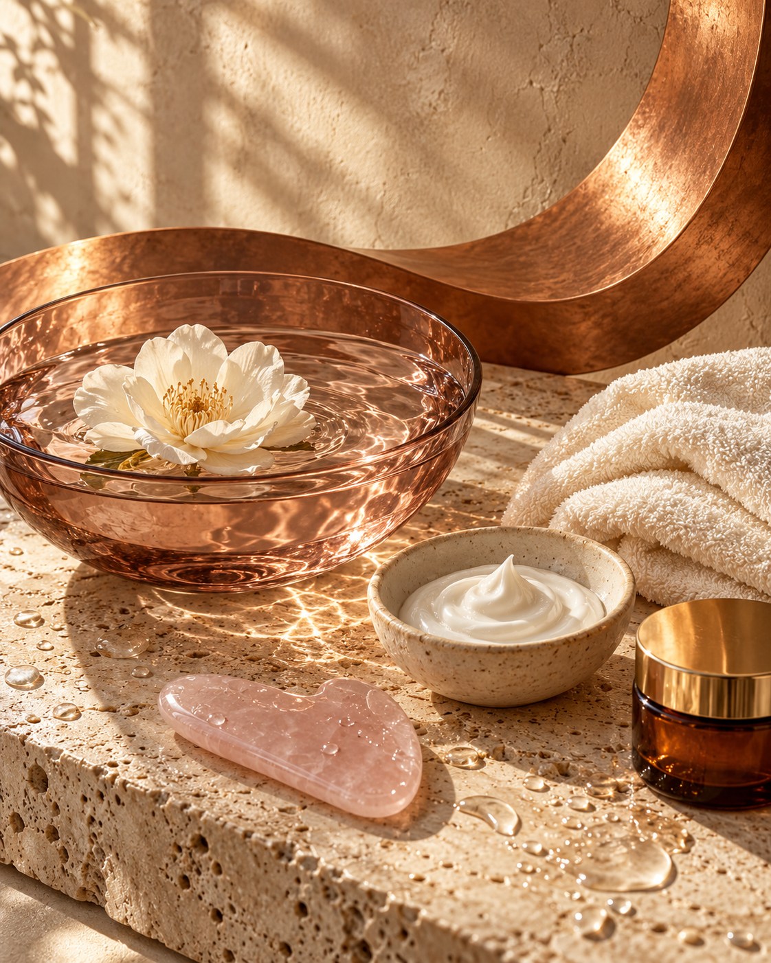 Beauty ritual essentials arranged on warm stone with soft towels and delicate botanical details