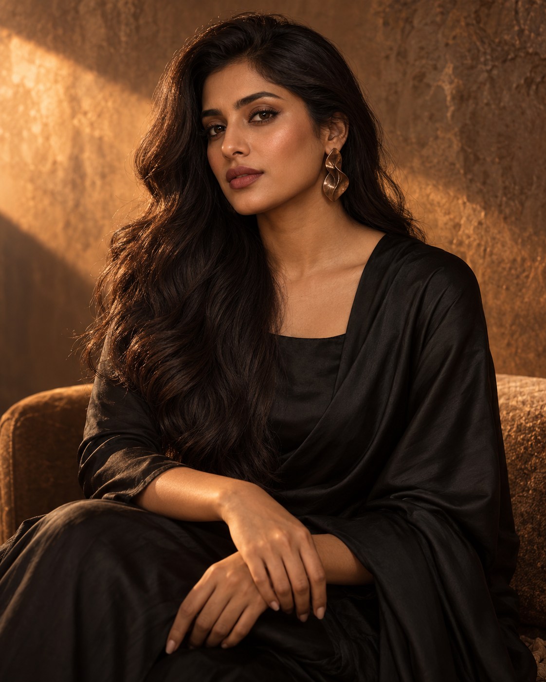 Pakistani beauty portrait with loose dark hair and softly defined, luminous makeup