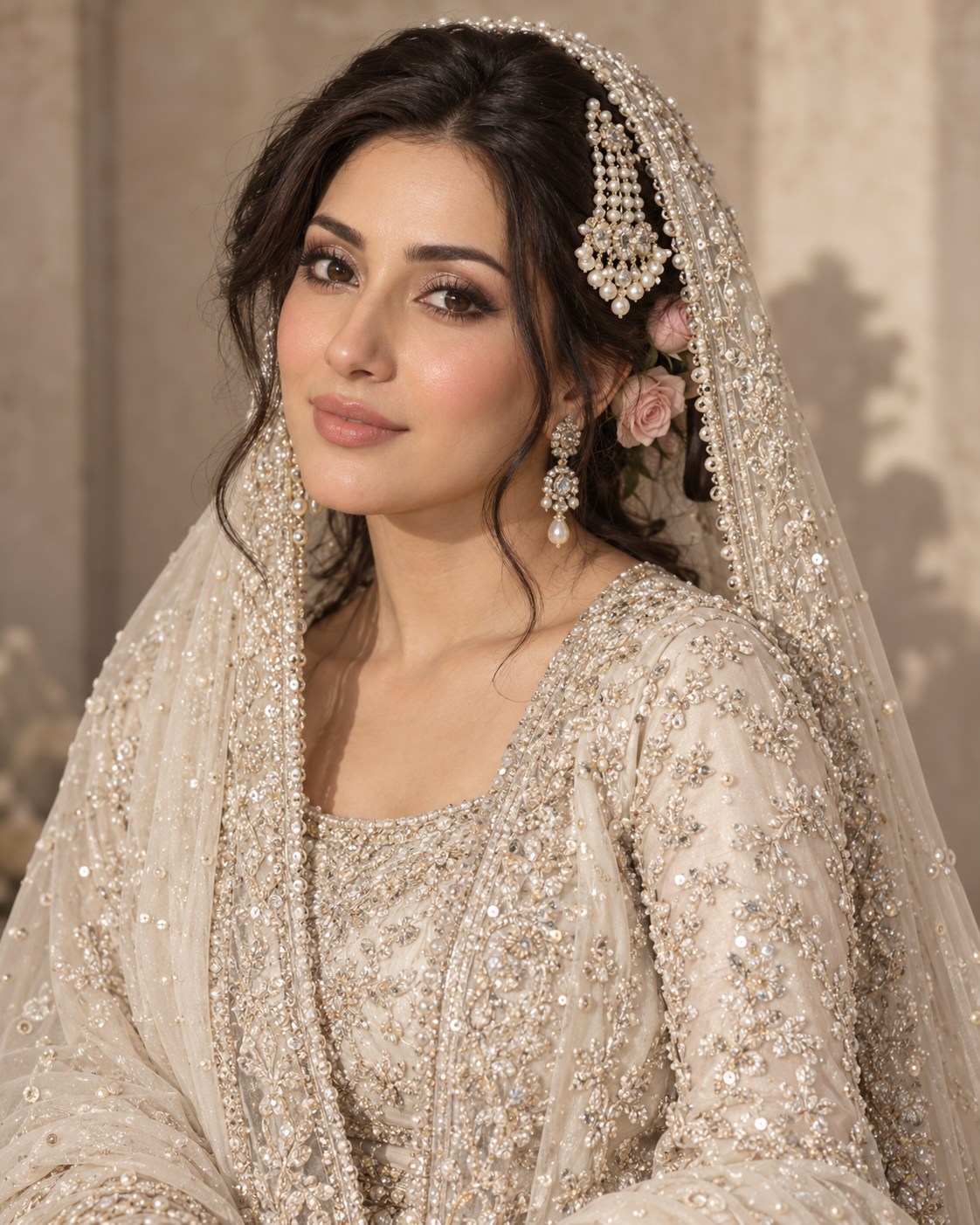 Pakistani walima bridal portrait with luminous makeup, ivory embroidery and delicate traditional jewellery